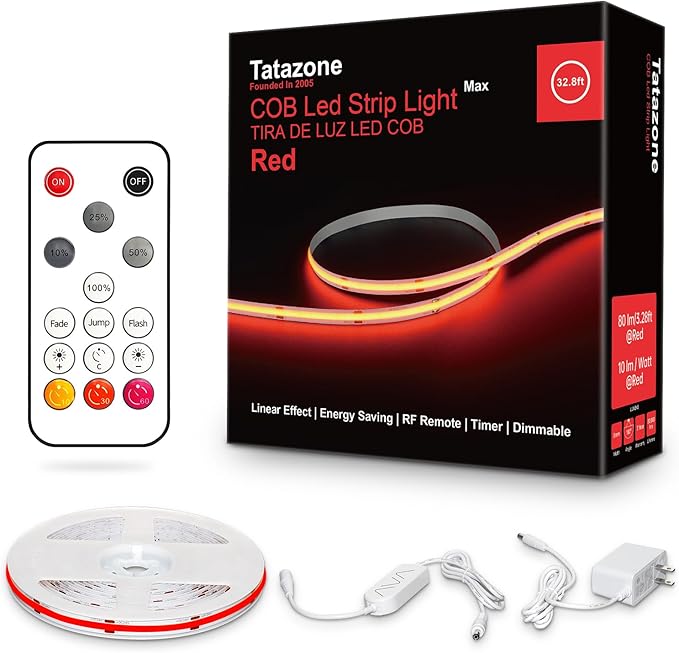 32.8ft Red COB Led Strip Lights with RF Remote, Dimmable Bright Dotless Adhesive Indoor Led COB Light Strip for Cabinet, Painting, Room, Bed