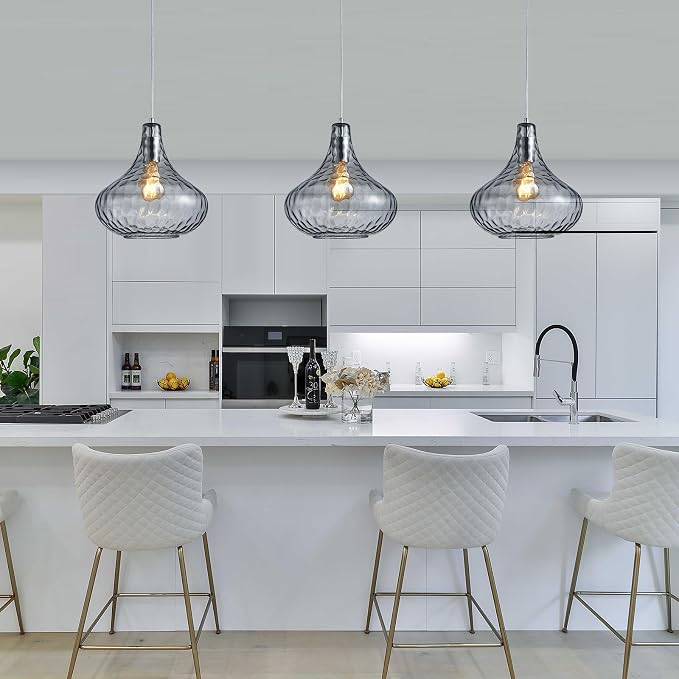Hammered Glass Pendant Light 11" Industrial Farmhouse Ceiling Light | Smoke Gray Glass Shade, Chrome Finish, E26, Adjustable Hanging Light for Kitchen Island, Dining Room, Entrywayv