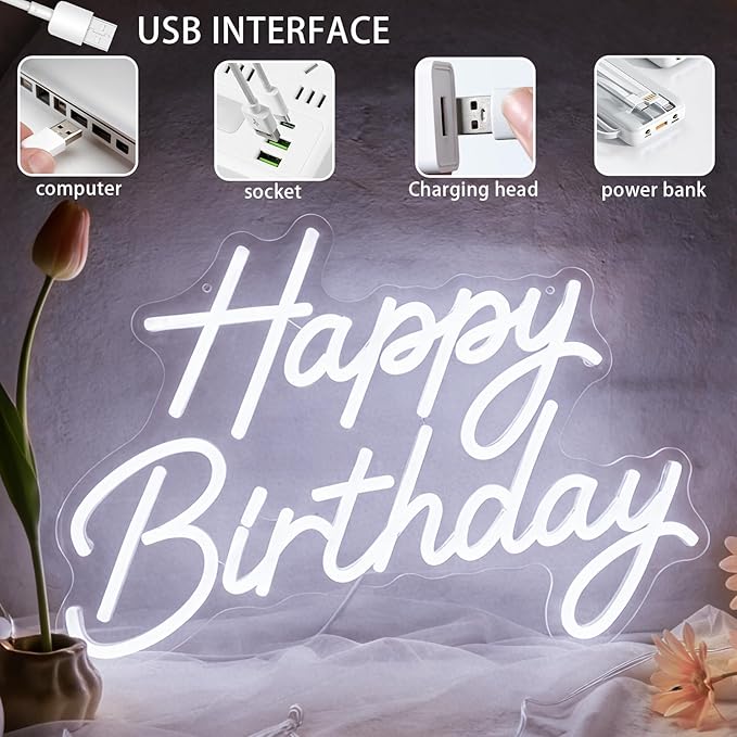 Happy Birthday Neon Sign for Wall Decor, LED Happy Birthday Light Up Sign, Dimmable Happy Birthday Neon Lights for Backdrop All Birthday Party Decoration, USB Powered White