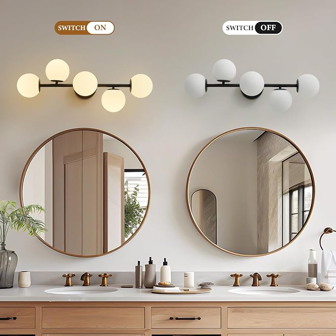 27" Mid Century Modern White Globe Black LED Bathroom Vanity Light | Matte Black Finish, Sleek Mid Century Modern Style, Milk White Glass Globes, Built-In LED Light Source, Unique Ambient Glow