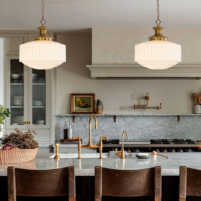 Vintage Brass Milk Glass Pendant Light Fixture, 13.8" White Pleated Glass Chandelier, Antique Pendant Lights, for Kitchen Island Lighting, Hallway, Bedroom, Dining Room, Foyer, E26 Bulb Included