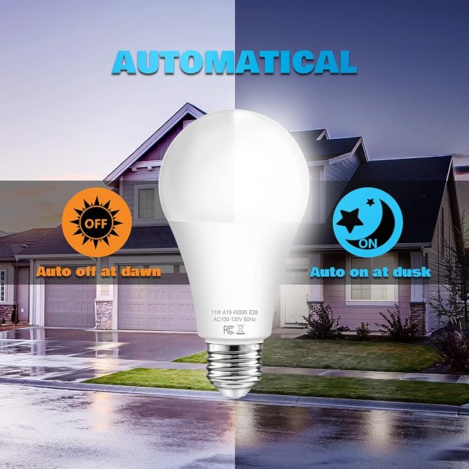 Dusk to Dawn Sensor Light Bulb Outdoor, A19 LED Bulbs Auto On Off 100 watt Equivalent, E26 Sensor Bulbs Neutral White 4000K, 11W 1200lm Smart Light Bulbs for Porch Garage Security, 4PACK