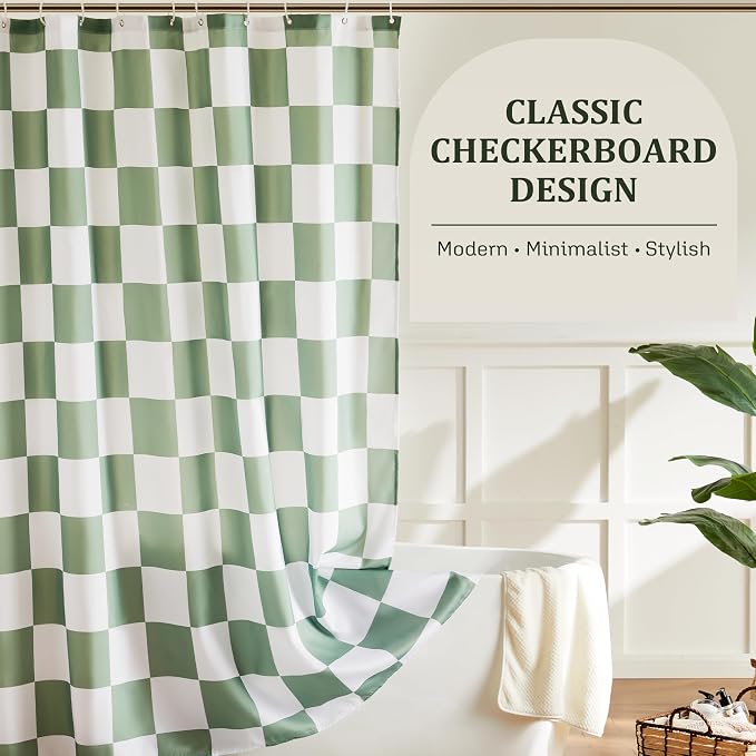 Ohocut Checkered Shower Curtain, Sage Green Shower Curtains for Bathroom, Cute Retro Checkboard Shower Curtain Vintage Aesthetic, Washable Fabric Bath Curtain 72''x72''