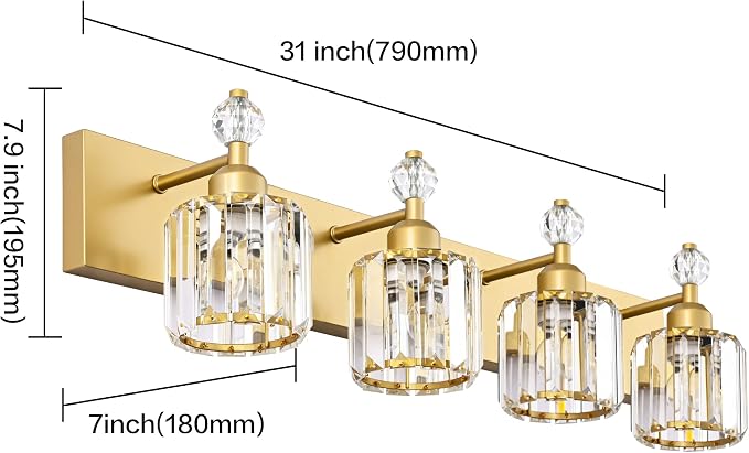 PRESDE Crystal 4 Bathroom Vanity Light Modern Gold Vanity Light Fixture Wall Lamp for Over Mirror Bedroom Hallway
