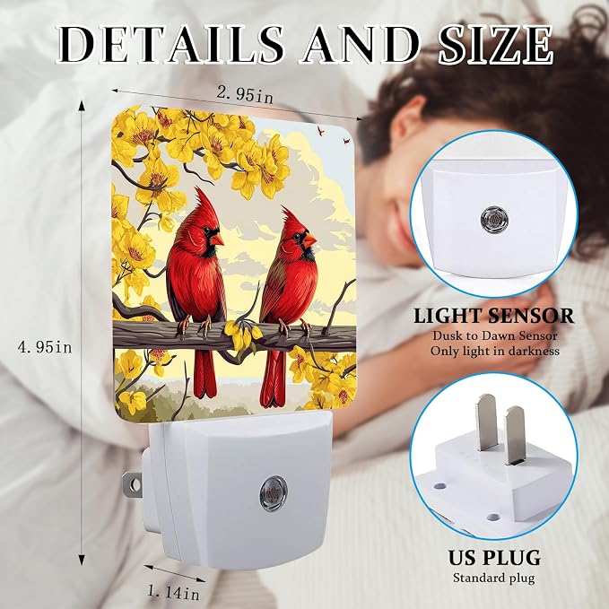 Red Cardinal Night Light, Plug-into Wall Yellow Flower Bird on Branch Nightlight Lamp with Dusk to Dawn Sensor, Led Lamp 0.5W Energy Efficient for Boys Girls Adults Home Decor