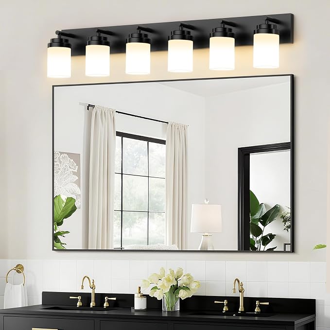 IZORRO Bathroom Vanity Light Fixture, 6-Light 46 Inch Matte Black Bathroom Light Fixtures Over Mirror, with White Glass Shade, Modern Farmhouse Vanity Lights, Rustic Restroom Lighting Fixtures