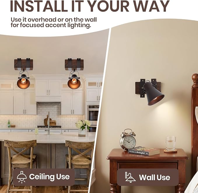 Rustic Ceiling Light, 1 Light Semi Flush Mount Ceiling Light, Farmhouse Wooden Spotlight Ceiling Light with Adjustable Head for Kitchen Sink Hallway Entryway Bedroom