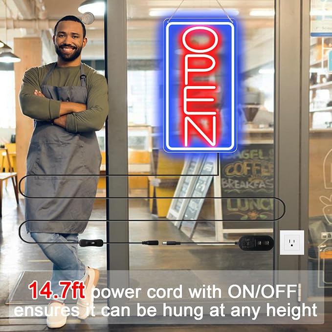 16.5" X 9" Led Neon Open Signs for Business 12V/2A Ultra Bright Led Neon Open Signs Plug In Electric Light Up Open Sign with ON/OFF Switch for Bar Salon Coffee Stores Club Hotel (Vertical)