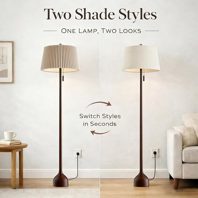 MOFFE Mid Century Modern Real Wood Floor Lamp with 2 Shades for Two Looks | 65" Tall,Sculptural Teardrop Base,Wooden Pull Chain,Vintage Standing Lamp,Linen Shades,Living Room,Bedroom, Bulb Included