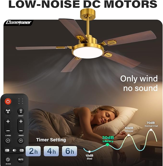 60 Inch Ceiling Fans with Lights and Remote, Bedroom Living Room Office Library Cafe Outdoor Industrial, 5CCT Dimmable, Dual Color 5 Blades, 6 Speed Reversible Quiet DC Motor, Gold/Wood Grain
