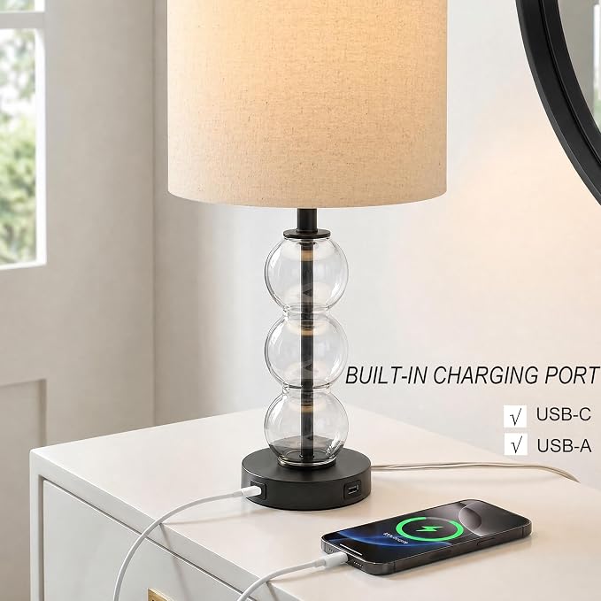 25" Glass Table Lamps Set of 2, Black Modern Table Lamps with USB Ports for Living Room, Linen Shade Bedside Lamps for Bedroom, Nightstand, Side Table (Bulbs not Included)