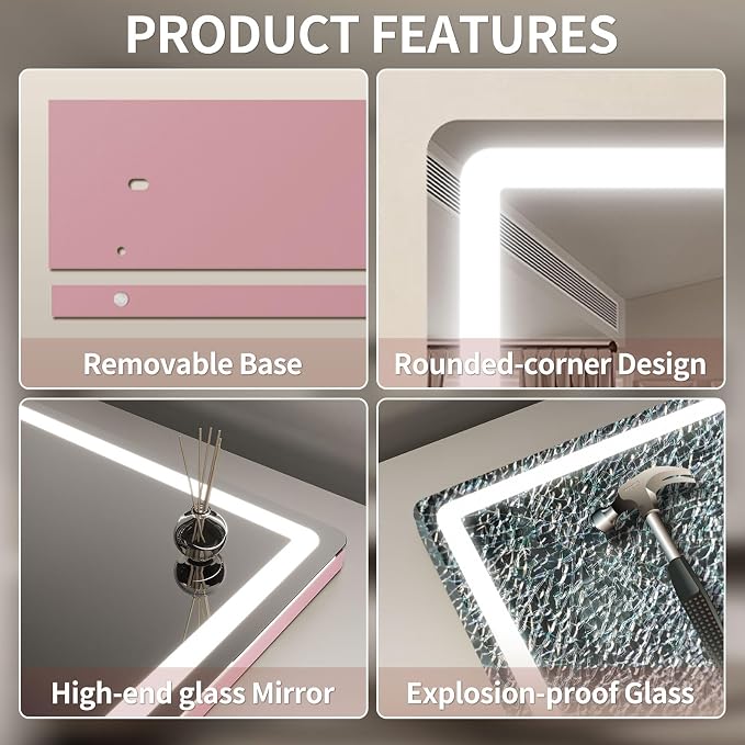 ROLOVE Pink Makeup Mirror with Lights, 23x18 Inch - 3 Color Modes, Dimmable LED Light up Mirror with 10X Magnification - Pink Vanity Mirror Wall&Tabletop Mount for Teen Girls