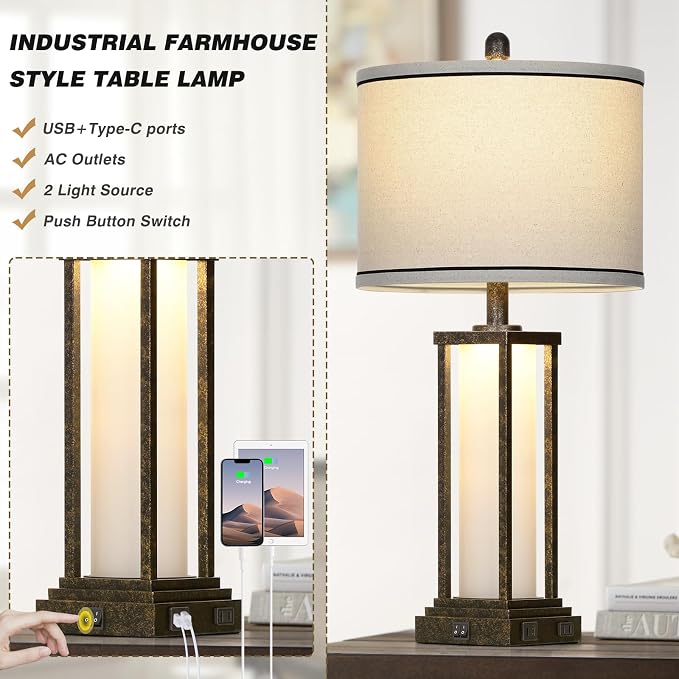 27" Tall Vintage Table Lamp Set of 2 with USB C+A & Outlet,Bronze Industrial End Table Lamp for Living Room,Farmhouse Rustic Bedside Lamps with Frosted Glass Night Light for Bedroom Nightstand,Bronze