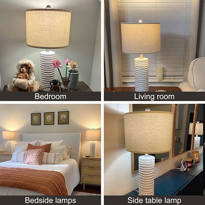 PORTRES 24" Farmhouse Ceramic Table Lamps Set of 2 for Bedroom Living Room | Bedside Lamps for Nightstand, Modern White Living Room Lamp Reading Office Dorm Accent End Table Lamps for Night Stands Decor