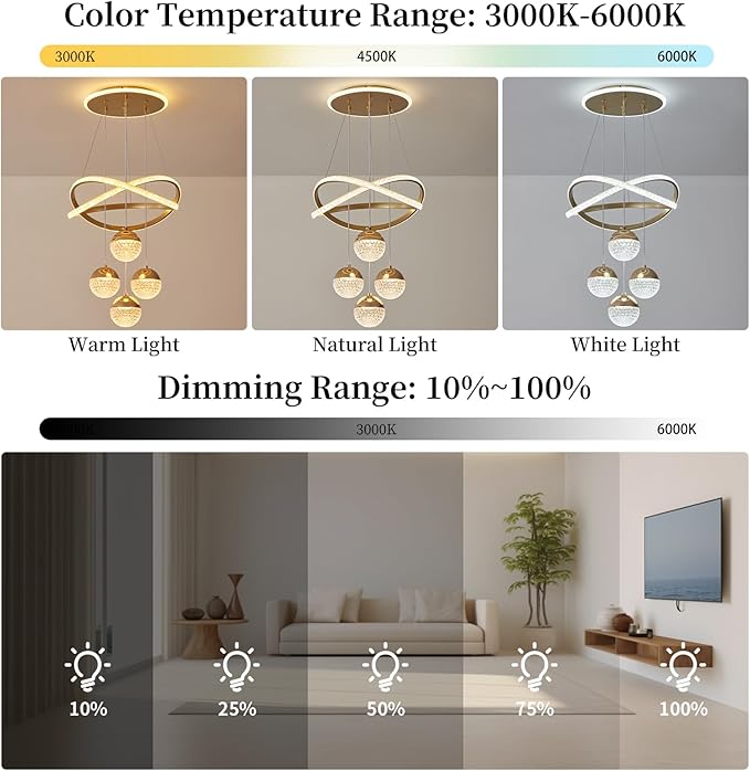 Gold LED Chandeliers, 3-Color Dimmable Pendant Light Dining Room Light Fixtures for Kitchen Island Adjustable Modern Chandeliers for Dining Room Living Room Bedroom