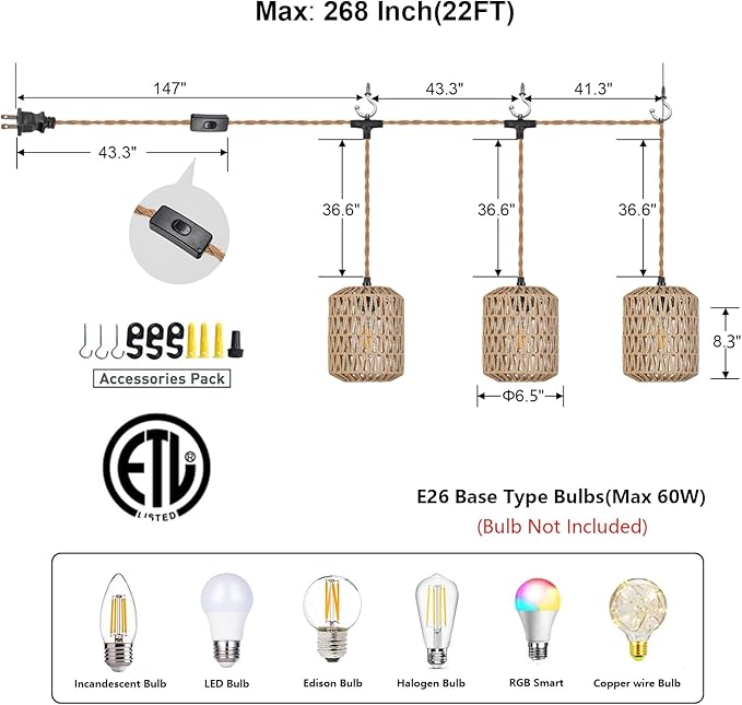 3 Lights Plug in Pendant Light with Cord On/Off Switch Rattan Hanging Lamp with 22ft Hand Woven Wicker Plug in Chandelier Boho Hanging Lights Fixture for Bedroom Kitchen Hallway Foyer