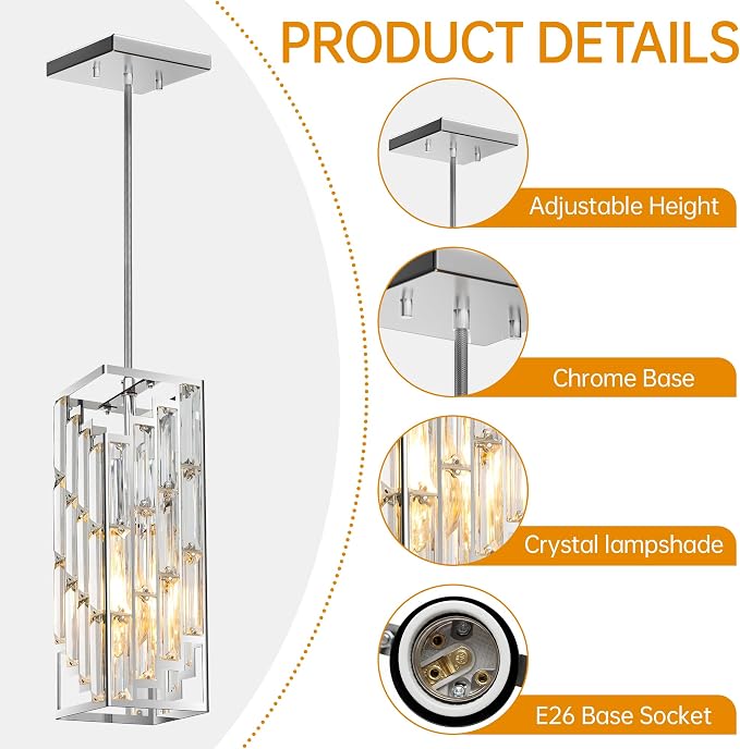 Chrome Pendant Lights Kitchen Island 3 Pack, Mini Crystal Chandeliers, Modern Pendant Lights Ceiling Lighting Fixtures for Kitchen Island, Dinning Room, Bedroom