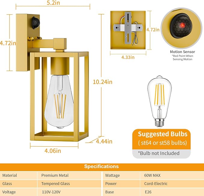 2 Pack Gold Motion Sensor Outdoor Light Fixtures Wall Mount, Dusk to Dawn Front Porch Lights for House, Exterior Wall Sconce, Waterproof Lantern Lamp,Outside Coach Light for Garage Entryway Yard