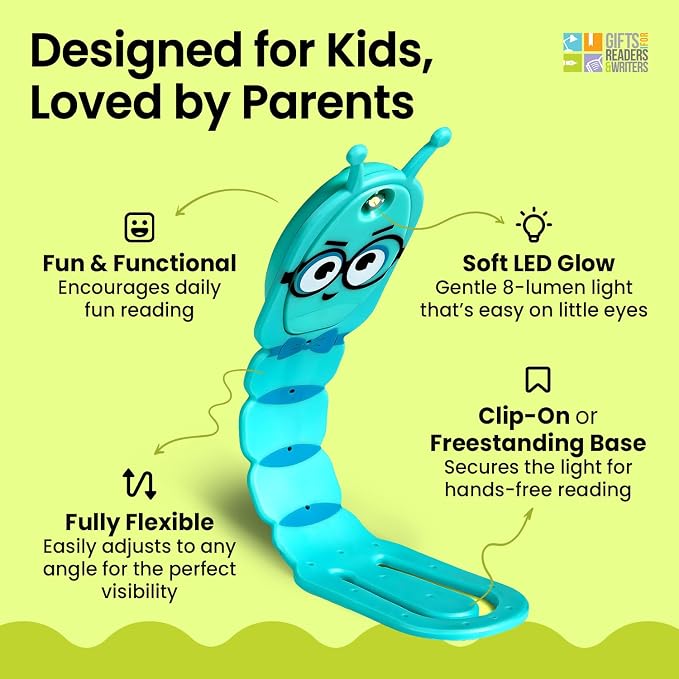 Gifts for Readers & Writers Book Light for Kids, Clip On Reading Light for Bed, 2in1 Flexilight Pals & Bookmark, Small & Lightweight with a Soft Glow, 2 Batteries Included, Bookworm Teal
