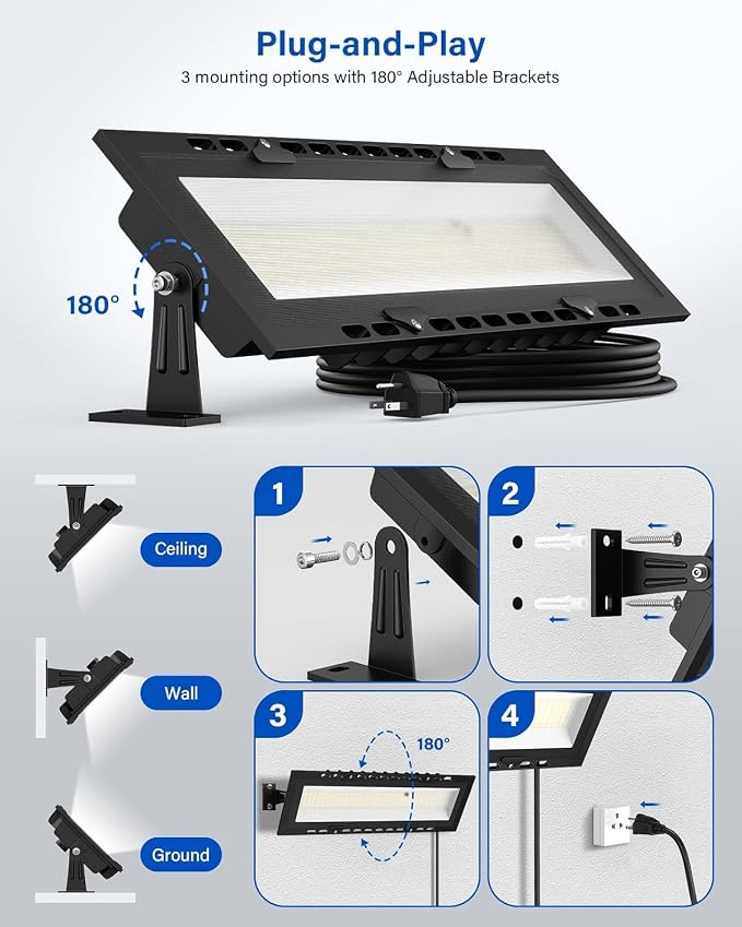 120W High Bay LED Shop Light IP65 Waterproof Garage Light w Dimmable Remote | 18000LM Plug-in Play, Commercial Shop Lights for Warehouse, Factory, Workshop, backyard, Garage & Barn