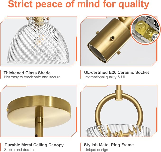 Gold Pendant Light Kitchen Island with 9.84'' Striped Glass Shade | Modern Pendant Lighting Over Sink, Adjustable Hanging Ceiling Light, E26 Dimmable Hardwired for Dining Room Hallway, 1-Pack