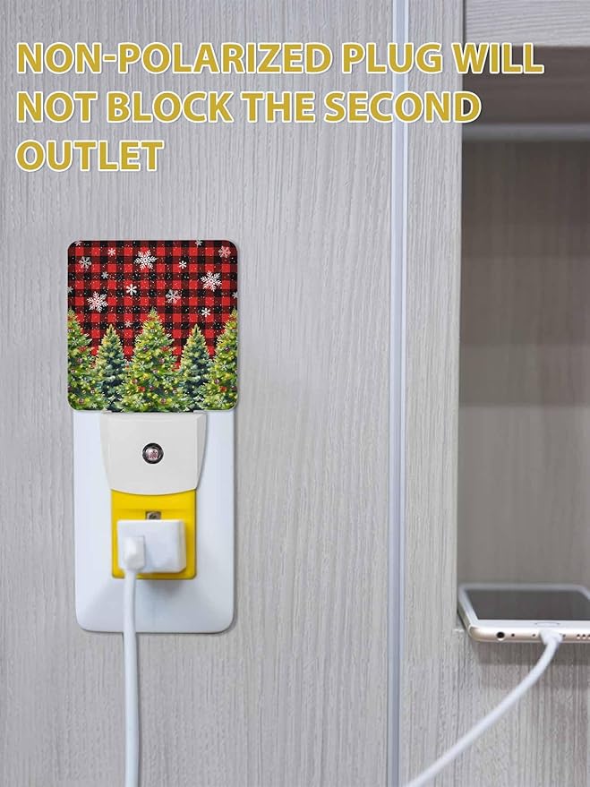 Christmas Night Lights Plug into Wall LED Night Light Christmas Tree with Bow Snowflake Red Plaid Automatic Dimmable Dusk-to-Dawn Square Shaped Smart Nightlight for Bathroom/Bedroom