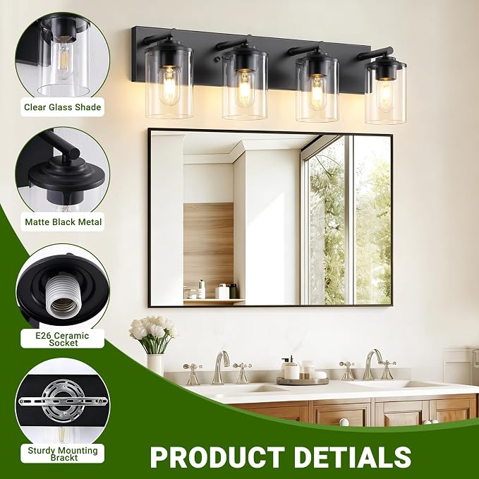4-Light Bathroom Lighting Fixtures Over Mirror, Matte Black Bathroom Vanity Lights with Clear Glass Shade, Modern Vanity Lighting Fixtures for Living Room, Bedroom, Hallway