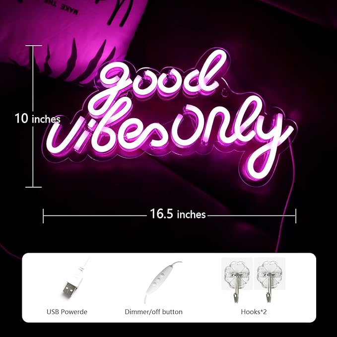 JFLLamp Good Vibes Only Neon Signs for Wall Decor Neon Lights Led Signs Suitable for Living Beer Bar Game Room Hotel Birthday Party Restaurant Christmas Unique Gift for Lover, 16.5 * 10 Inch(Pink)