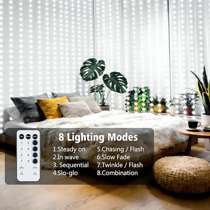 echosari Curtain Lights Battery Operated 9.8 x 9.8Ft with Timer Cool White | 300 LED Fairy Lights with Hooks for Bedroom Wedding Backdrop Indoor Christmas Decor