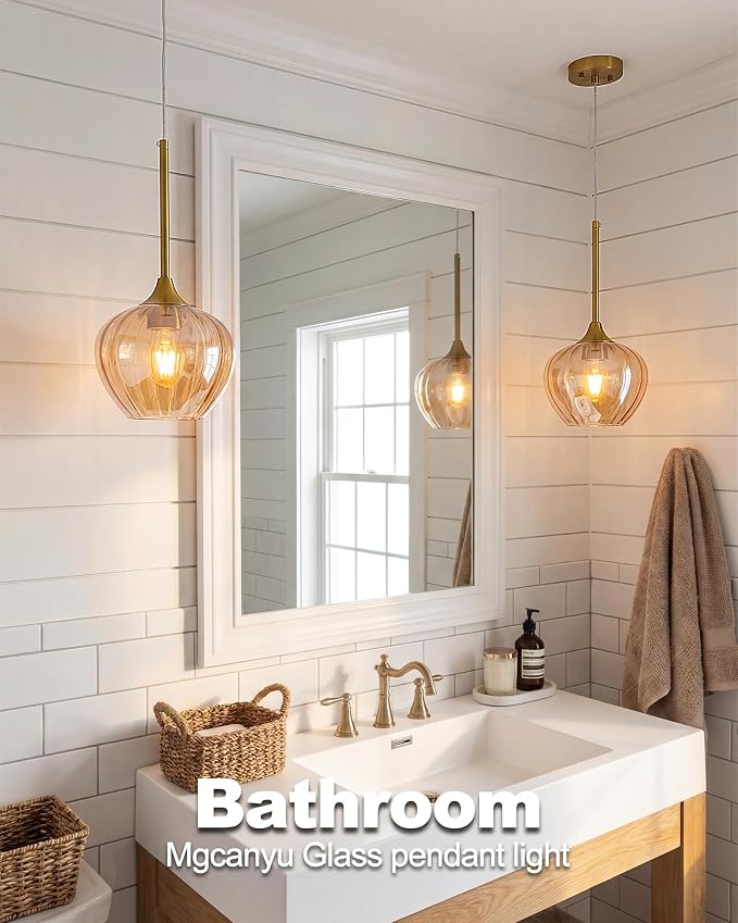 Amber Glass Pendant Lights Kitchen Island, 7.7" Vintage Adjustable Pendant Lighting Gold Hanging Light Fixtures for Kitchen, Dining Room, Sink, Bathroom