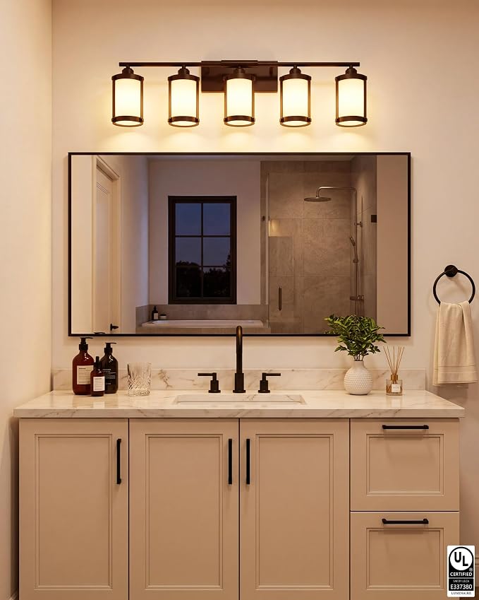 5-Light Oil Rubbed Bronze Bathroom Light Fixtures Over Mirror with Frosted Milk Glass and Metal Cage Shade, 38" UL-Listed Modern Farmhouse Wall Sconce for Bath, Hardwire E26, OS-3014ORBW-5W