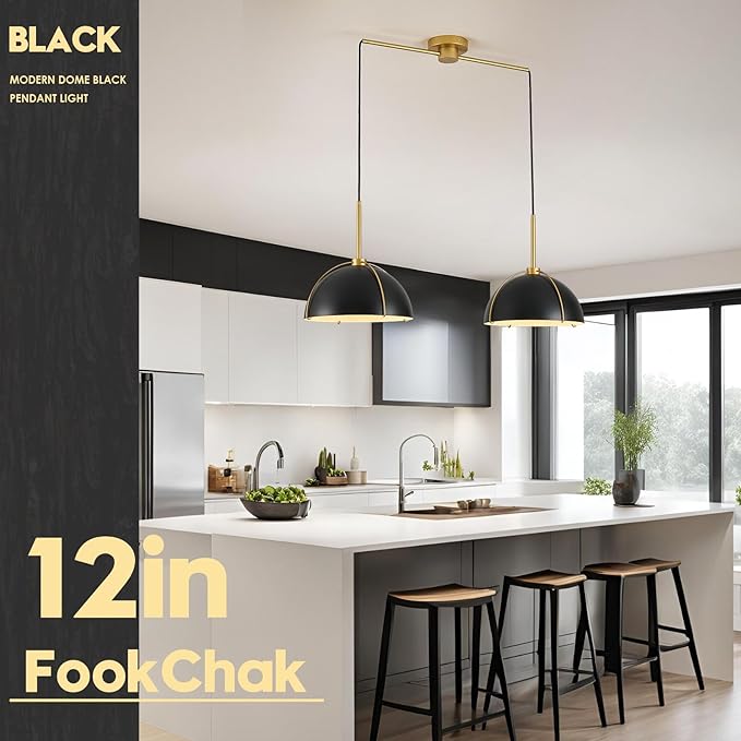 Black Dome Pendant Light 2 Light Socket Large Pendant Light Fixture with Adjustable Pendant Cord Black Gold Pendant Lighting for Kitchen Island Dining Room Kitchen Sink