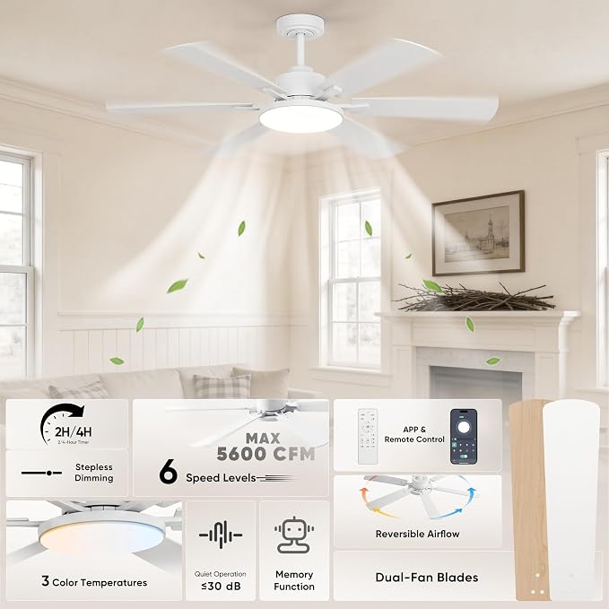 52'' Downrod Mount Ceiling Fans with Lights for Living Room, White | 6 Blades, 6 Speeds, MAX 5600 CFM, Remote&APP Control, 3CCT Dimmable LED, All Metal Body, Memory Function, Reversible DC Motor