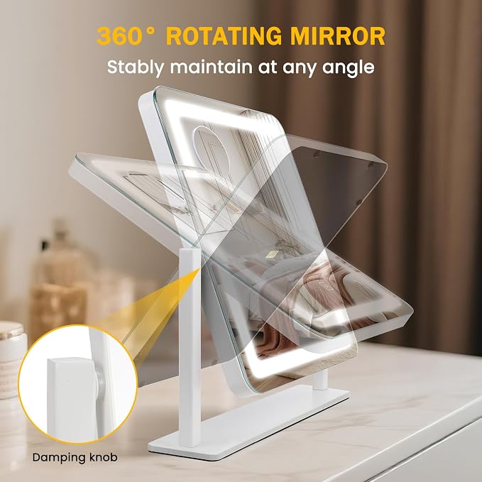 Rechargeable Vanity Mirror with Lights, 3000mAH Battery, 15"×12.2" LED Makeup Mirror, 10X Magnification, Smart Touch with 3-Color Lighting, 360° Rotation, Lighted Up for Makeup Desk, Bedroom (White)
