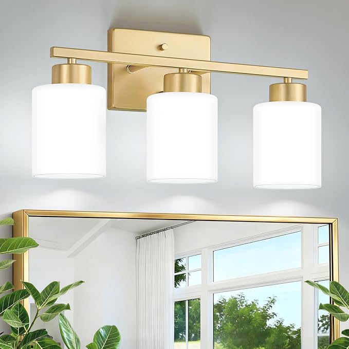Gold Bathroom Light Fixtures Vanity Lighting Over Mirror | 3-Light Modern Wall Sconces with Milky White Frosted Glass Shades for Restroom (E26 Socket)