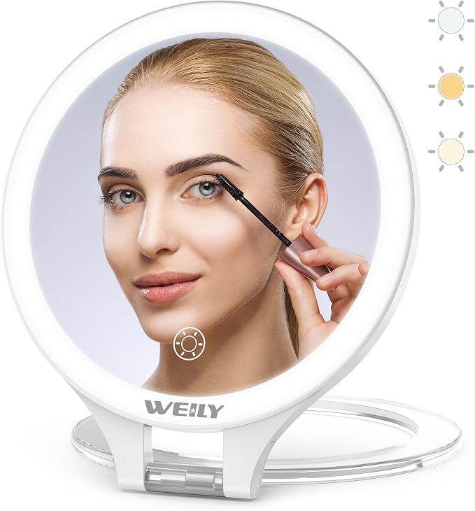 WEILY Magnifying Makeup Mirror 10X/1X, Travel Mirror with Light | Double Sided Rechargeable Mirror with 3 Color Lights for Makeup, Tweezing, Blackhead and Come Done Removal (White)