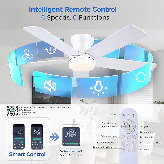 48In Ceiling Fan with Light Flush Mount - White Low Profile Ceiling Fan Light with Remote/APP, 5 Reversible Dual-Sided Blades, Modern Fan Light for Indoor Bedroom, Covered Outdoor