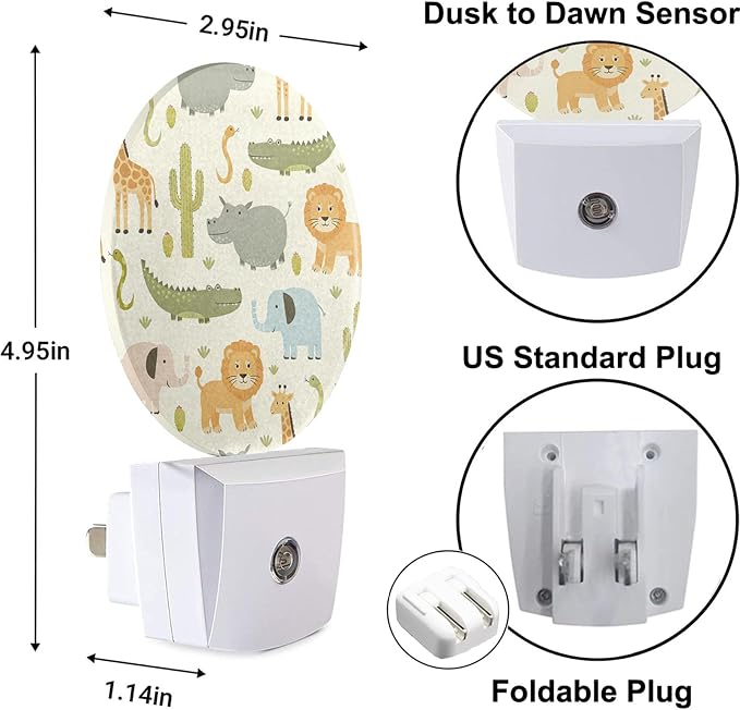 Cartoon Safari Animals Night Lights Plug into Wall Cute Hippo Crocodile Lion Elephant and Giraffe Night Light Auto on/Off LED Lighting Sleep Friendly for Boys Girls