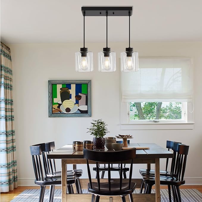 3-Light Pendant Light Fixtures with Clear Glass, Black Hanging Light Fixture for Ceiling, Adjustable Kitchen Island Light for Dinning Room, Bedroom,Hallway, E26 Base, Bulbs Not Included