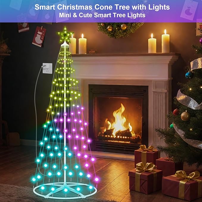 4FT 130LED Smart Christmas Tree Lights, USB Powered Christmas Cone Tree Lights with App Control, Color Changing DIY Music Sync & Timer Outdoor Christmas Tree for Yard Front Porch Xmas Decoration