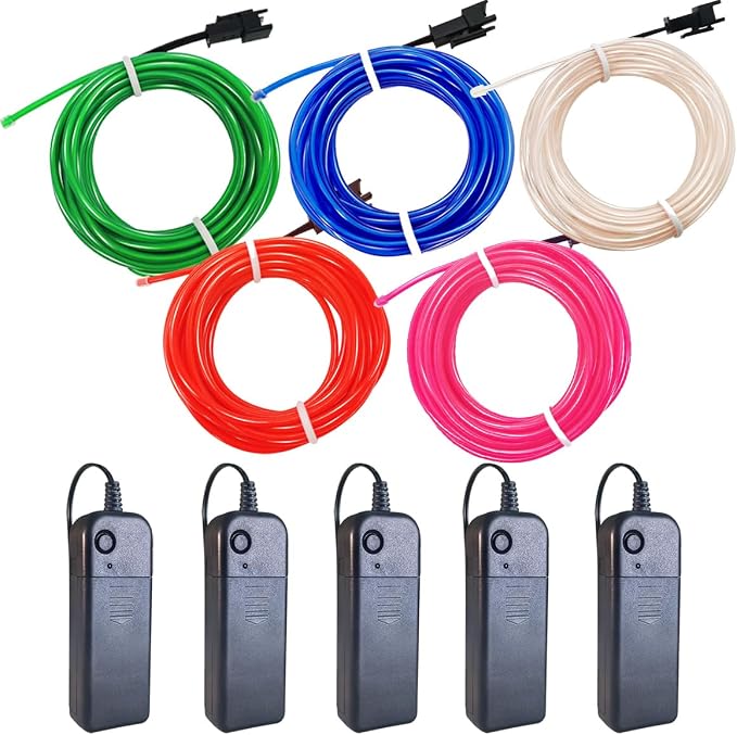 MaxLax EL Wire 5 Pack, 16.4ft Neon Light Wire Noise Reduction with Battery Pack(Green, Blue, Red, White, Pink)… (16.4ft)