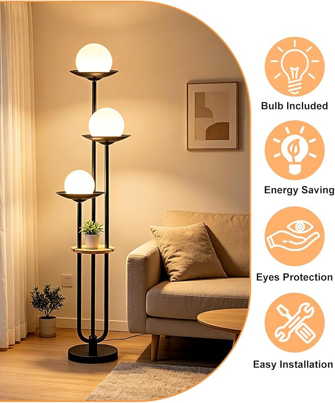 3-Globe Floor Lamp with Table, 63IN Mid Century Modern Floor Lamps Dimmable with 3000K Warm White Bulbs for Wedding/Party, Black Tall Standing Lamp for Living Room/Bedroom/Home Office