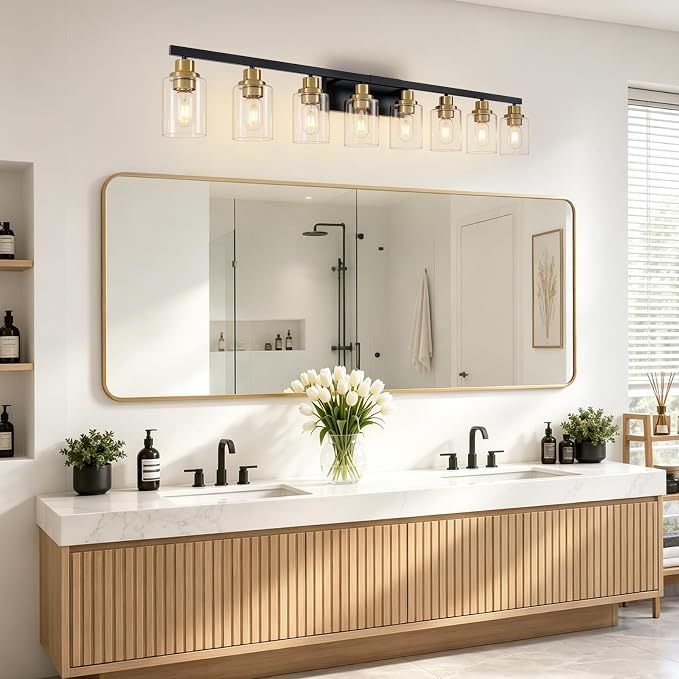 8-Light Bathroom Light Fixture Black and Gold Vanity Lights,52" | Vanity Lights for Bathroom,Clear Glass Shade,over Mirror,Modern Wall Sconces Farmhous Wall Mounted for Bathroom,E26 Base