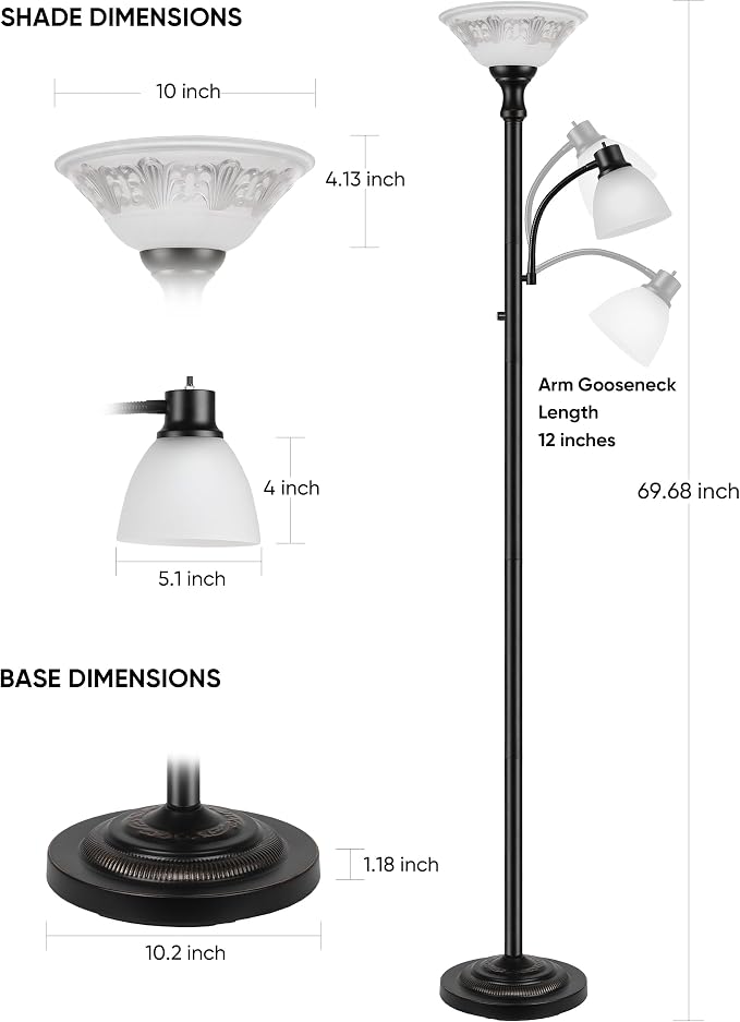 Torchiere Floor Lamps for Living Room, 71" Tall Standing Lamp with Thick Glass Shade, Metal Pole & Heavy Base, Vintage Corner Lamp with Reading Light for Bedroom Home Office, 3CCT Bulb Included