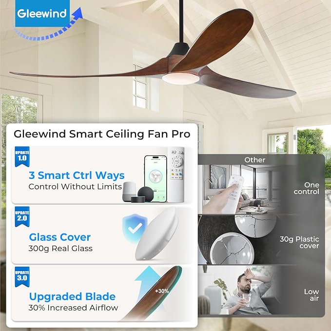 52 inch Outdoor Ceiling Fans with Lights-Glass Lamp, Smart Ceiling Fan with WIFI Alexa and App Remote Control, Damp Rated Wood Propeller Blades for Patios & Porch, 3 Blades, High CFM 6 Speed, Walnut