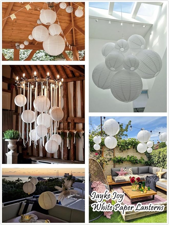 15pcs White Paper Lanterns Hanging Ball Lanterns for Birthday Wedding Bridal Baby Shower Art Class Home Outdoor Indoor Party Decoration (14 inch)