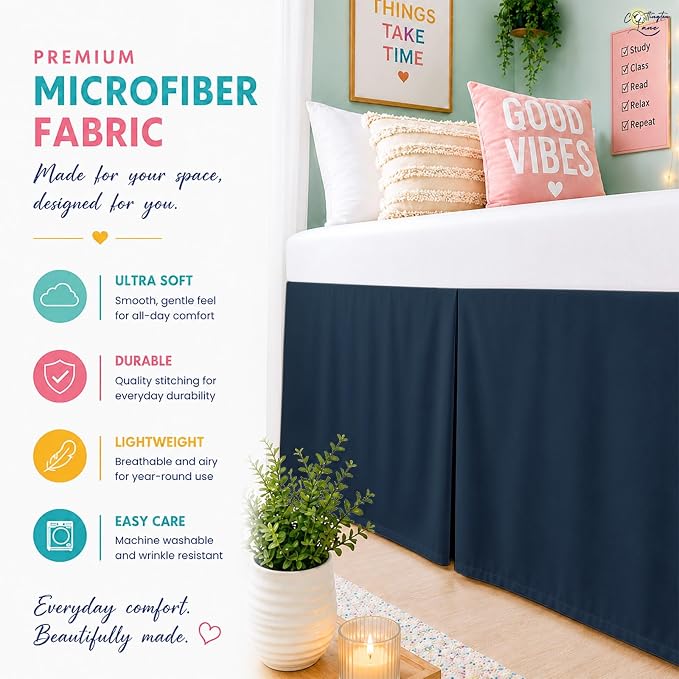 Cottington Lane Tailored Box Pleated College Dorm Bed Skirt Twin XL, Hotel Quality Premium Brushed Microfiber Extra Long Bedskirt Twin XL 36 Inch Drop, Navy Blue Dorm Bedding