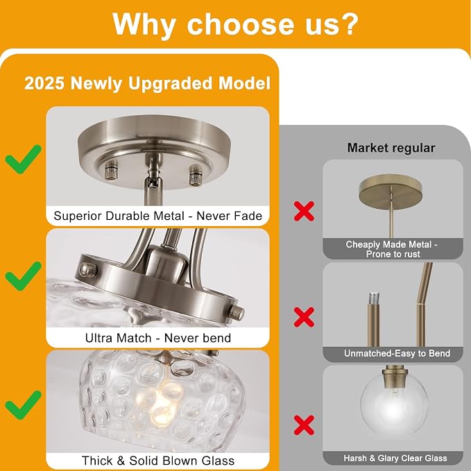 Modern Pendant Lights Kitchen Island, Brushed Nickel Pendant Light Fixtures with 10" Clear Hammered Glass Shade, Industrial Hanging Pendant Lights Fixture for Kitchen Island Dining Room Bedroom Foyer