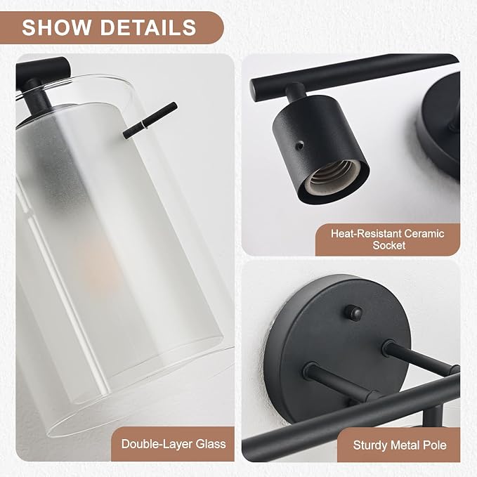 Matte Black Bathroom Light Fixtures Over Mirror with Dual Glass Shades, Modern 3-Light Vanity Lights, 20in Vanity Light Fixtures Above Mirror, Vanity Lights for Bathroom
