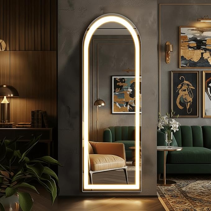 Arched Full Length LED Mirror, 61‘’x16‘’ Floor Mirror with Stand 3 Lights | Hanging Mounted Mirrors with Adjustable Light Modes for Outfit Checks, Room Decor, Bedroom Accessories and Dressing Areas
